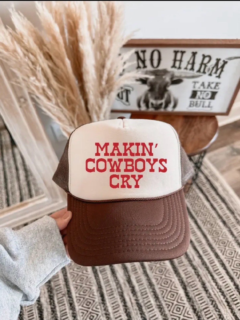 Brown & Cream Trucker Hat with Red 'Makin' Cowboys Cry' Print